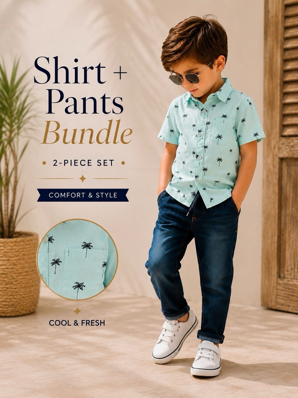 Stylish Boys Outfit Set | Palm Print Shirt + Denim Jeans 4T